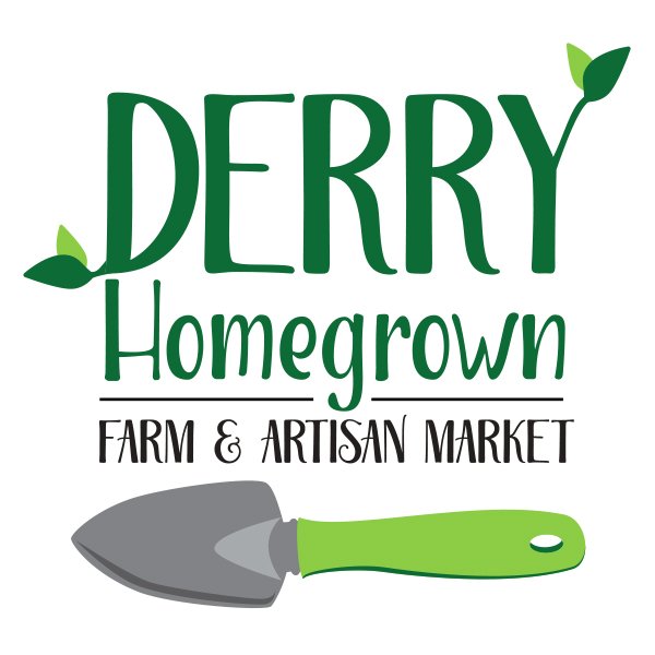 Logo for Derry Homegrown Farm & Artisan Market with green text and a small gardening trowel.