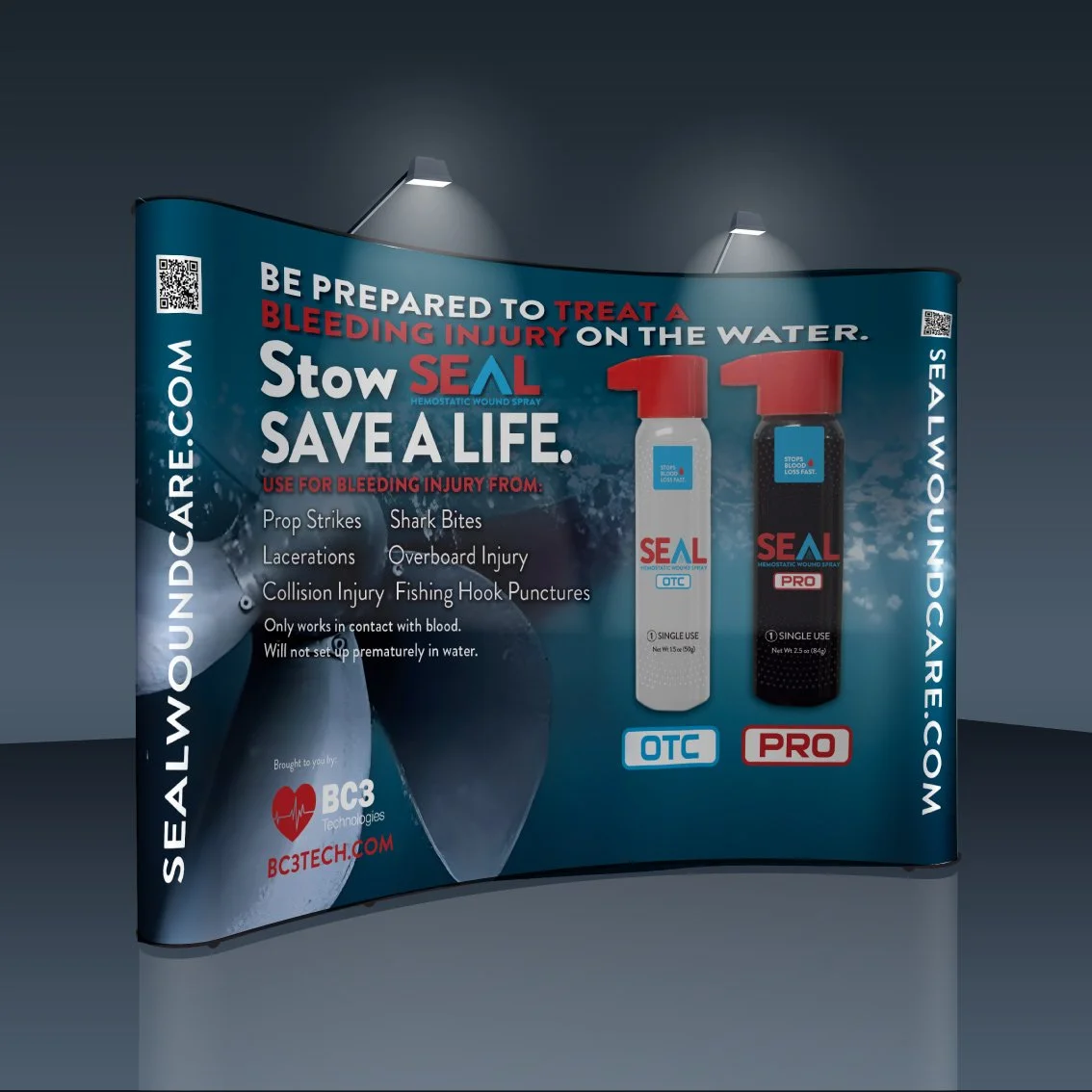 A blue curved advertisement banner for SEAL hemostatic wound spray, featuring two spray bottles labeled OTC and PRO, with text about treating bleeding injuries like prop strikes, shark bites, lacerations, overboard injury, collision injury, and fishi