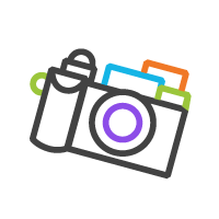 A collection of colorful cameras and photography equipment.