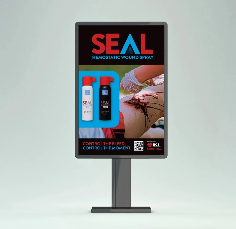 Digital outdoor billboard advertising SEAL Hemostatic Wound Spray, showing product images and a person using the spray on a bleeding wound.