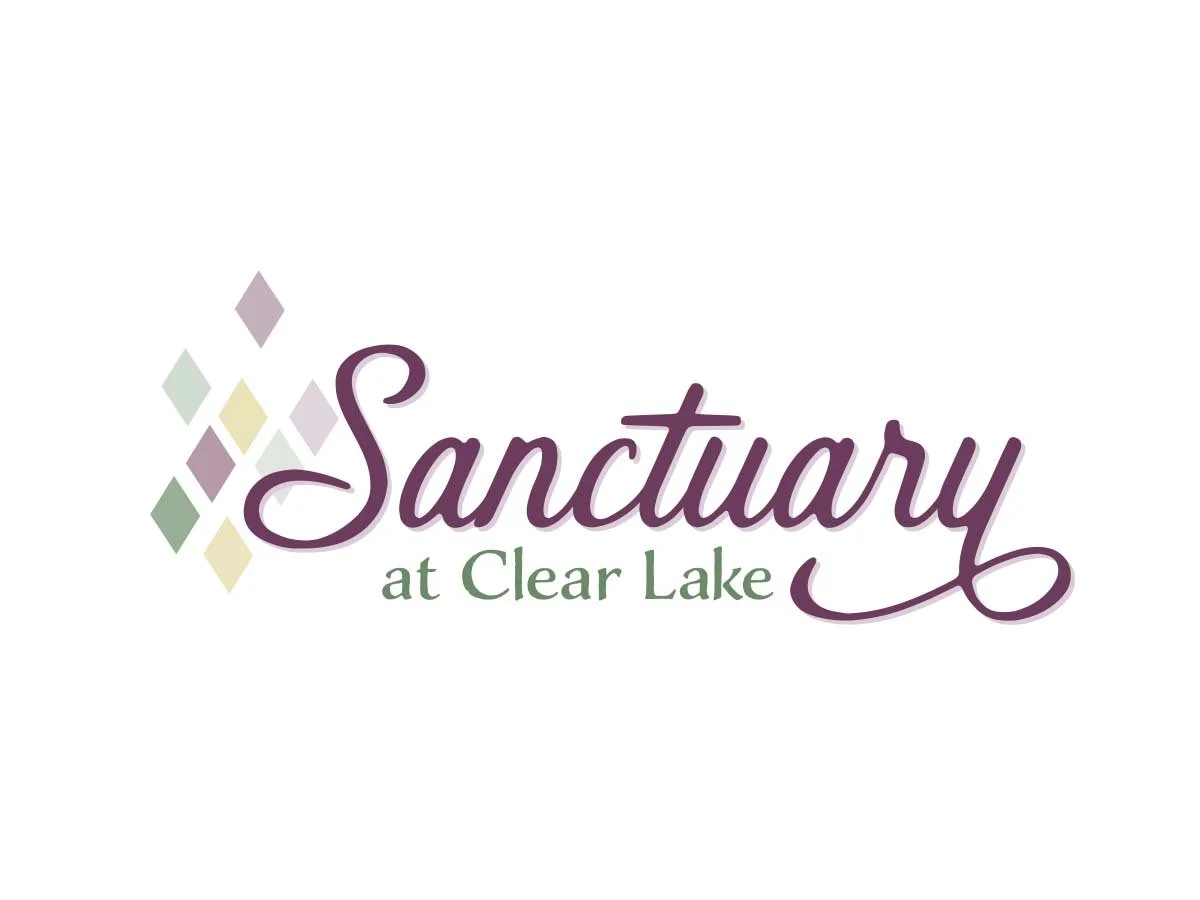 Logo for Sanctuary at Clear Lake with colorful diamond shapes and purple and green text.
