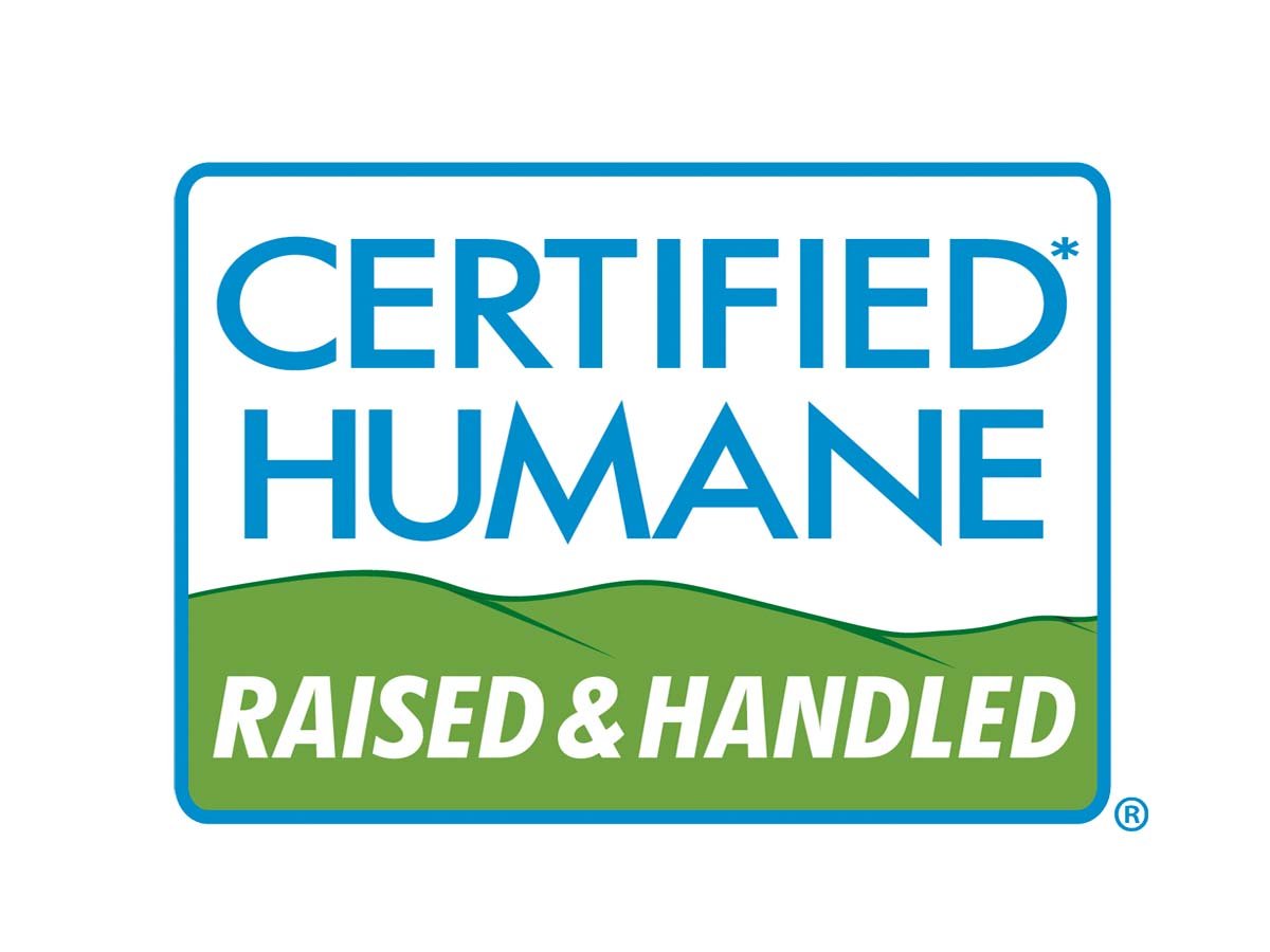 Certified humane logo with green hills and blue text that says 'Raised & Handled'.
