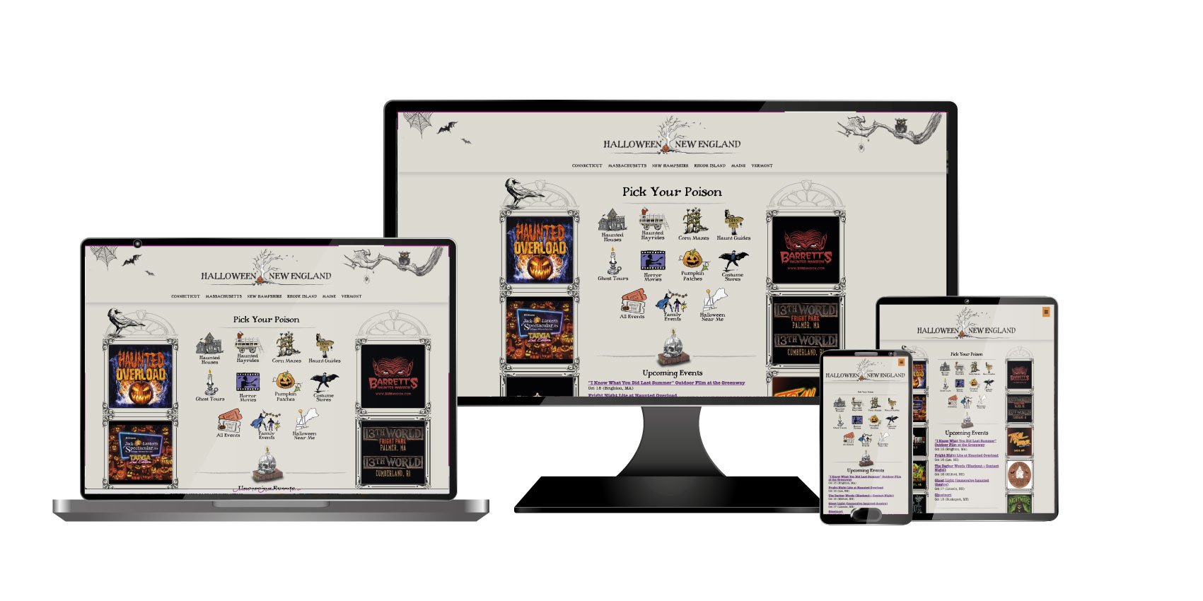 Multiple electronic devices displaying a Halloween-themed website with options to pick poisons and see upcoming events, featuring Halloween decorations, bats, cobwebs, and spooky graphics.