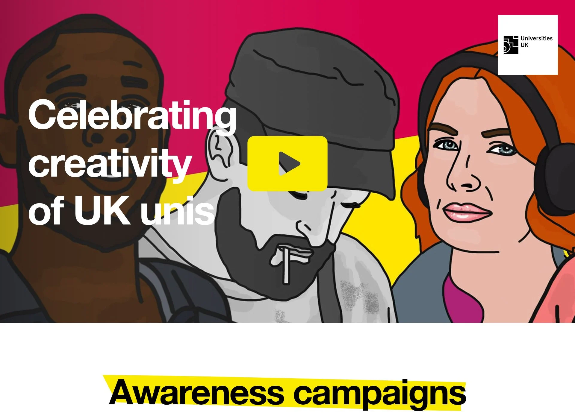 Illustration of diverse individuals with text "Celebrating creativity of UK unis," and "Awareness campaigns." Universities UK logo in top right corner.