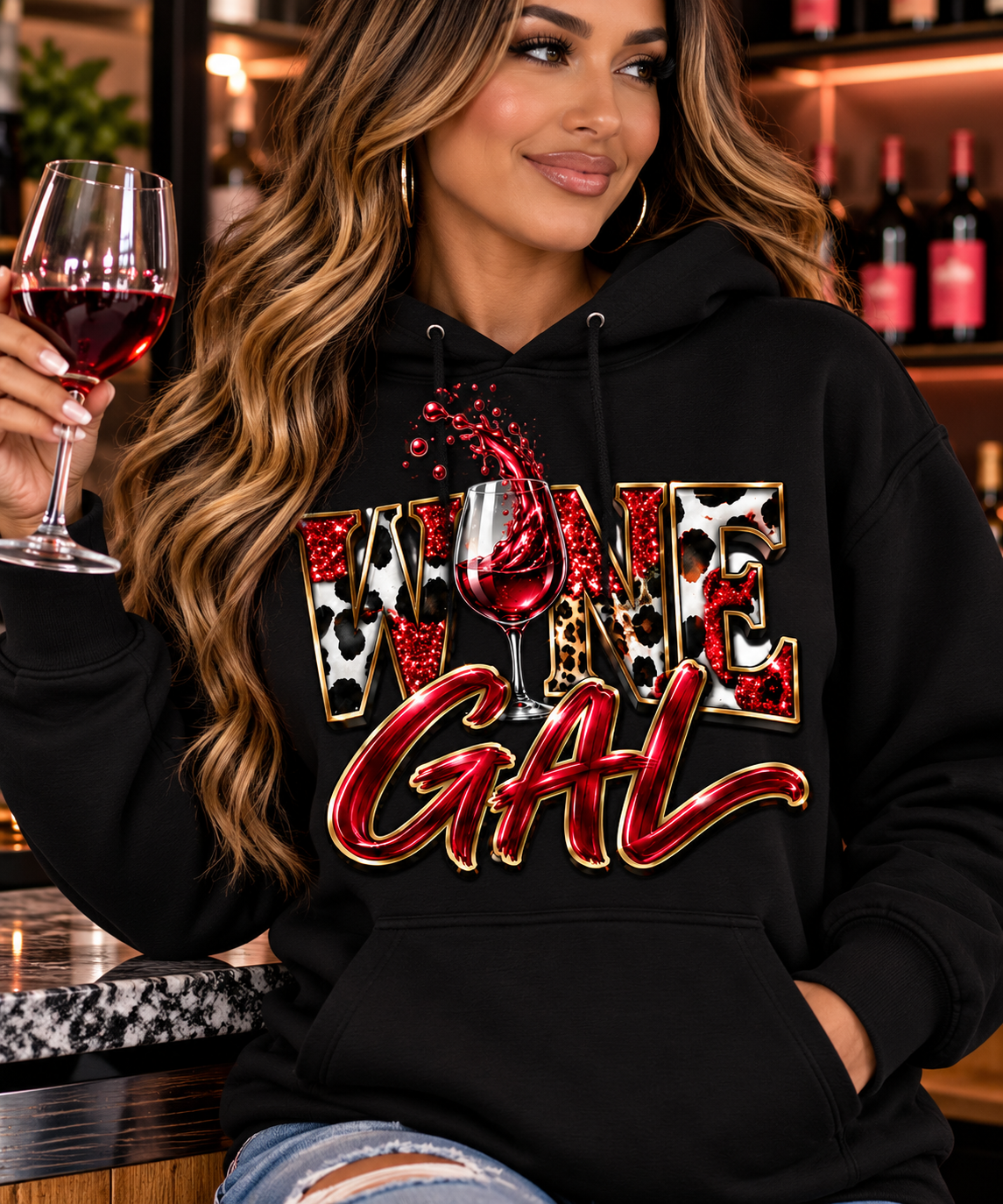 Wine Gal, womens hoodie, pink hoodie, black hoodie, soft hoodie, wine merchandise, vibrant design, pink and gold, red gold and animal print, leopard print, cow print, hoodie, pink and gold glitter