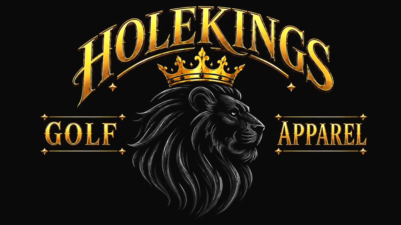Gold and black logo for 'Hole Kings Golf Apparel' featuring a crowned lion's head with flowing mane.