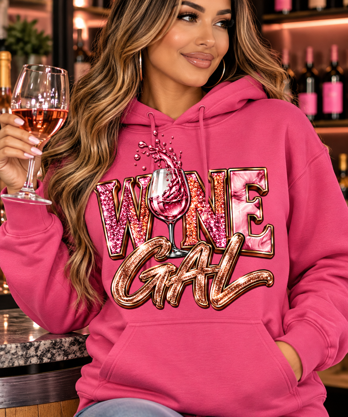 Wine Gal, womens hoodie, pink hoodie, black hoodie, soft hoodie, wine merchandise, vibrant design, pink and gold, red gold and animal print, leopard print, cow print, hoodie, pink and gold glitter