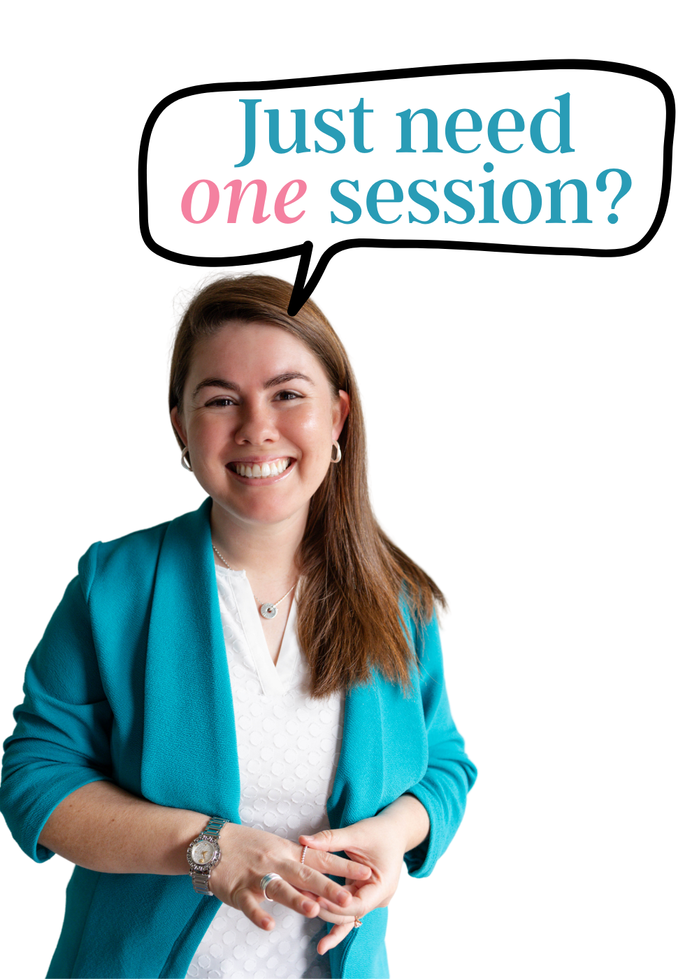 A smiling woman with long brown hair, wearing a turquoise blazer and white top, holding her hands together, with speech bubbles above her head indicating she is speaking.