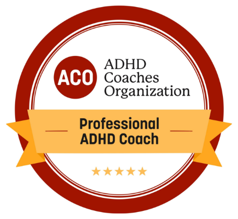Badge with the logo of ADHD Coaches Organization, labeled 'Professional ADHD Coach' and five stars.