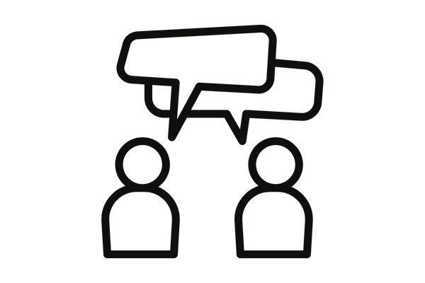 Two simple line drawings of people facing each other with speech bubbles above their heads, indicating conversation.