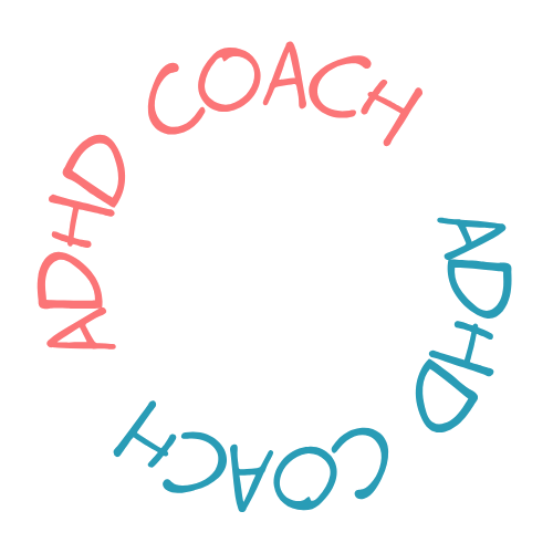 Circular diagram with the words "ADHD COACH" written in pink and blue, arranged in a circle.