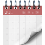 A pink and white calendar page for July with the days of the week and dates visible, with the corner of the page slightly curled up.