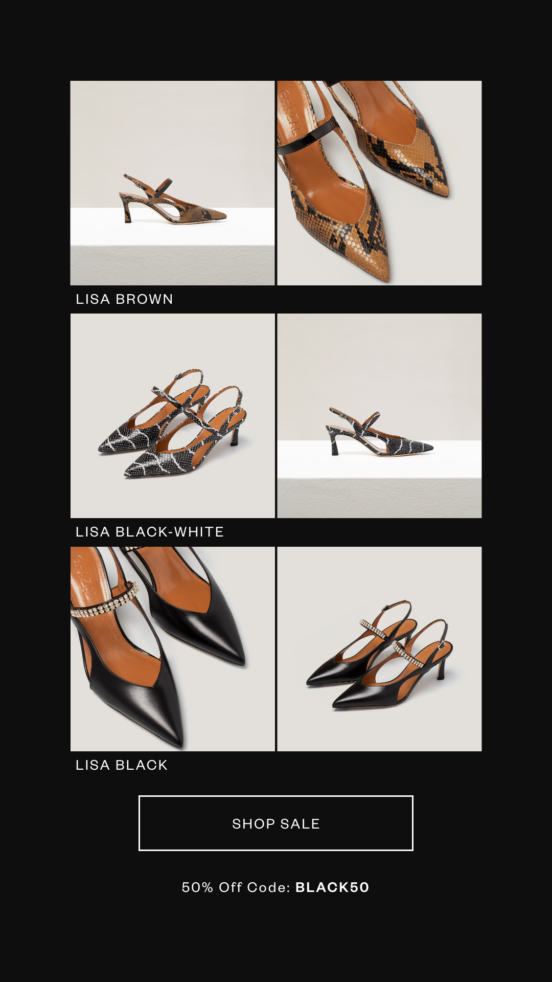 Collage of three pairs of women's slingback heels: brown snakeskin, black and white snakeskin, and black leather, with a 50% off sale offer.