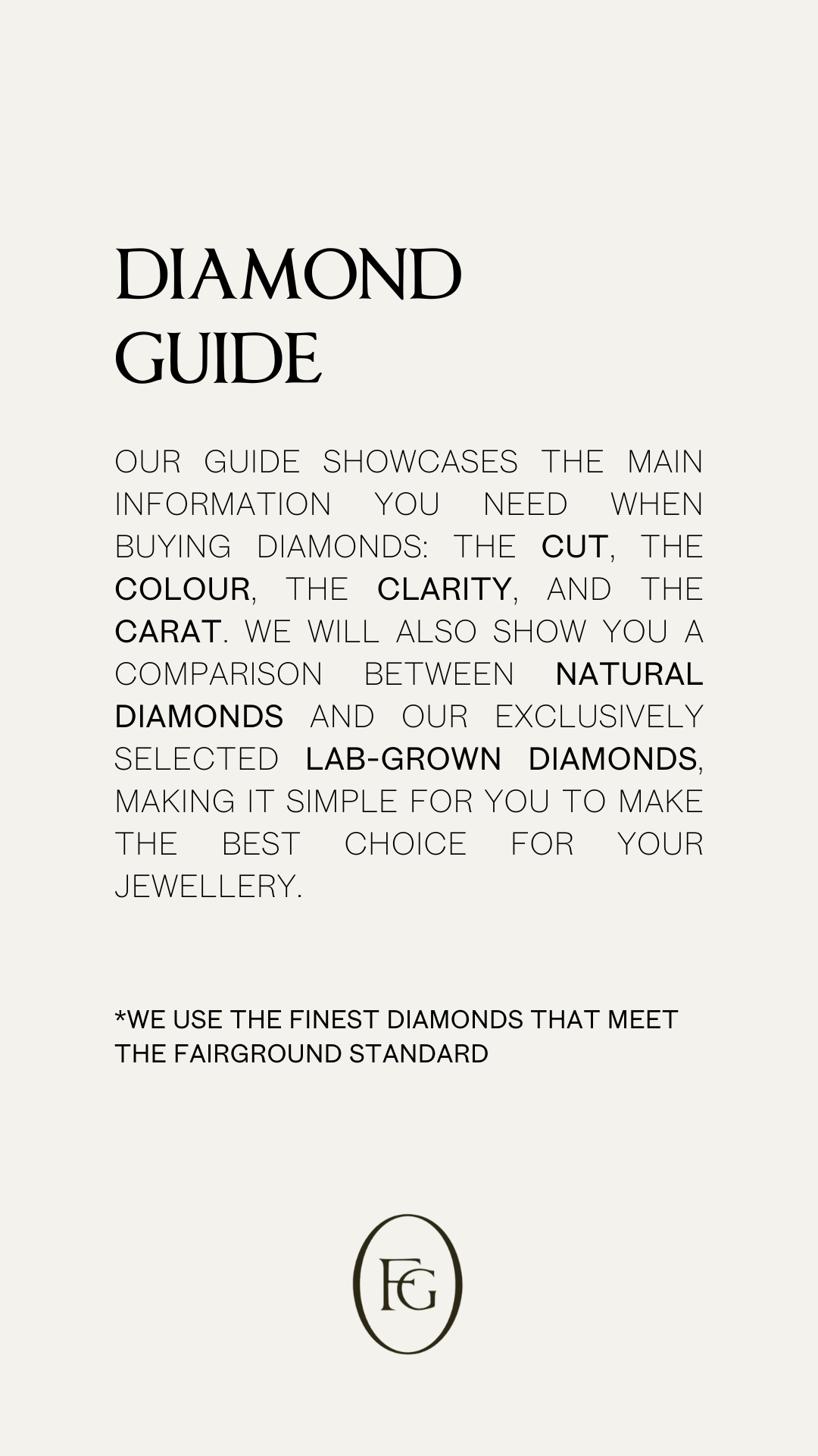 Diamond Guide text about diamond buying, covering cut, color, clarity, and carat, including natural vs. lab-grown diamonds. Mentions finest diamonds meeting fairground standard. FG logo at bottom.