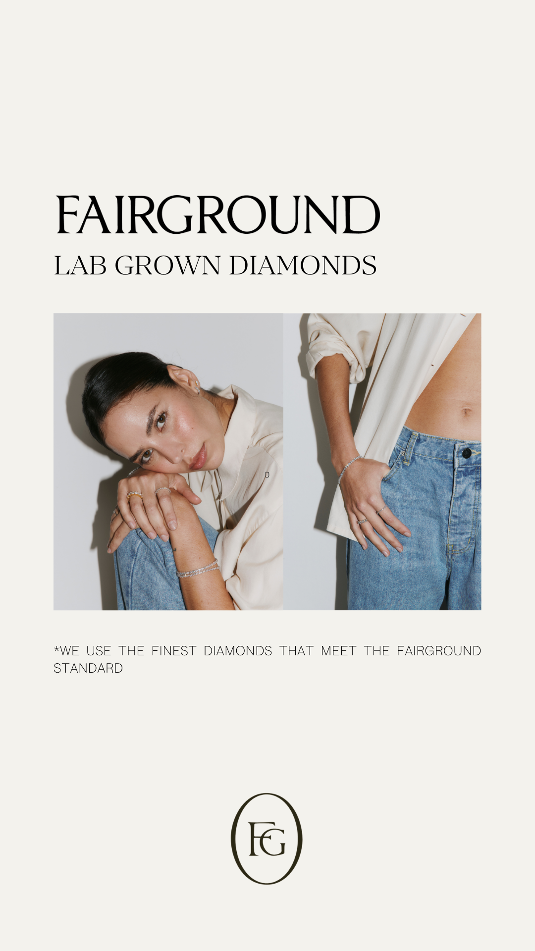 Advertisement for Fairground Lab Grown Diamonds featuring a woman wearing jewelry, with text promoting the brand's standards and logo at the bottom.