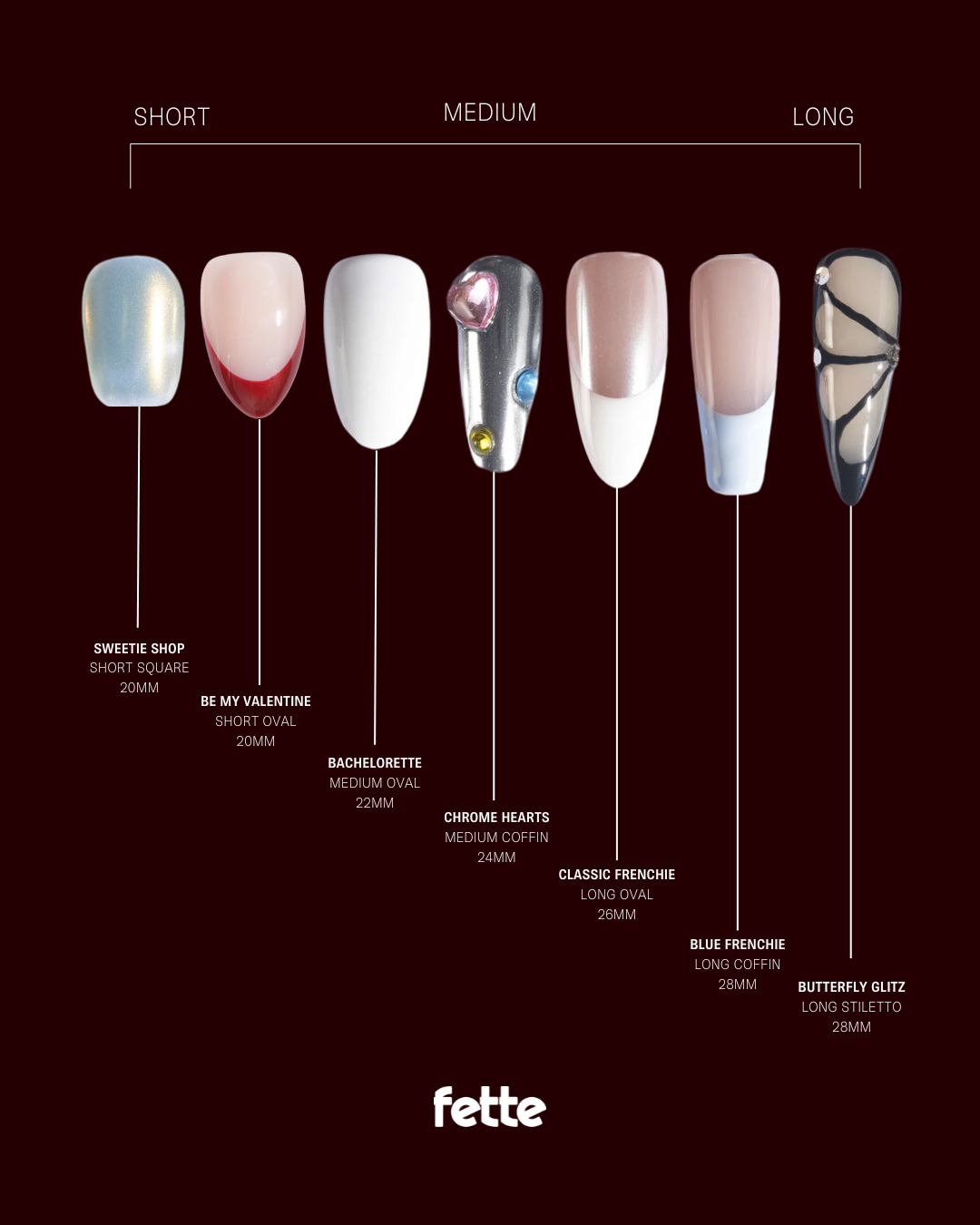A chart showing various nail styles and lengths, labeled from short to long. Styles include Sweetie Shop, Be My Valentine, Bachelorette, Chrome Hearts, Classic Frenchie, Blue Frenchie, and Butterfly Glitz. The bottom right has the brand 'fette.'