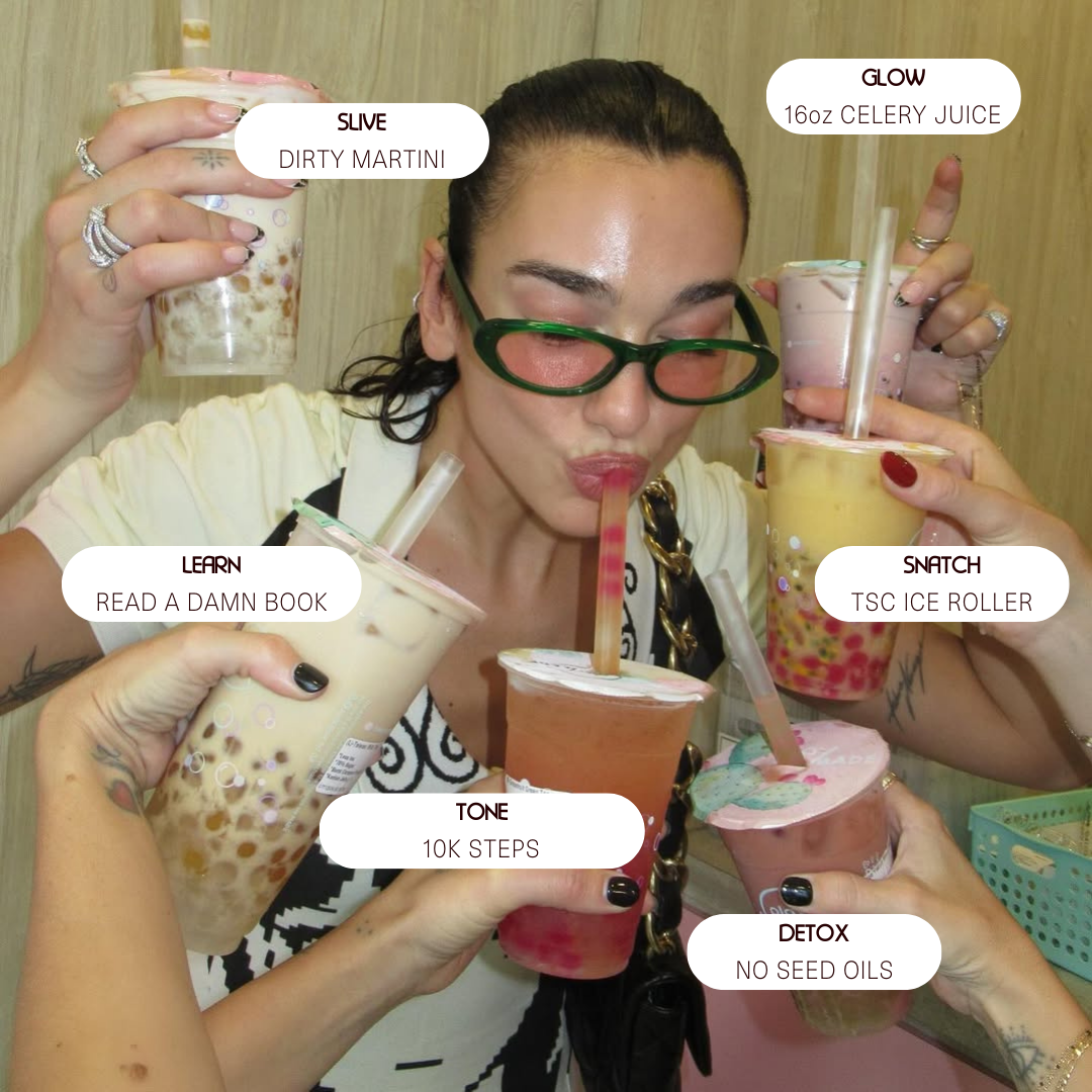 A person with green sunglasses is surrounded by multiple hands holding boba tea drinks, each labeled with humorous wellness phrases like "16oz celery juice" and "read a damn book."