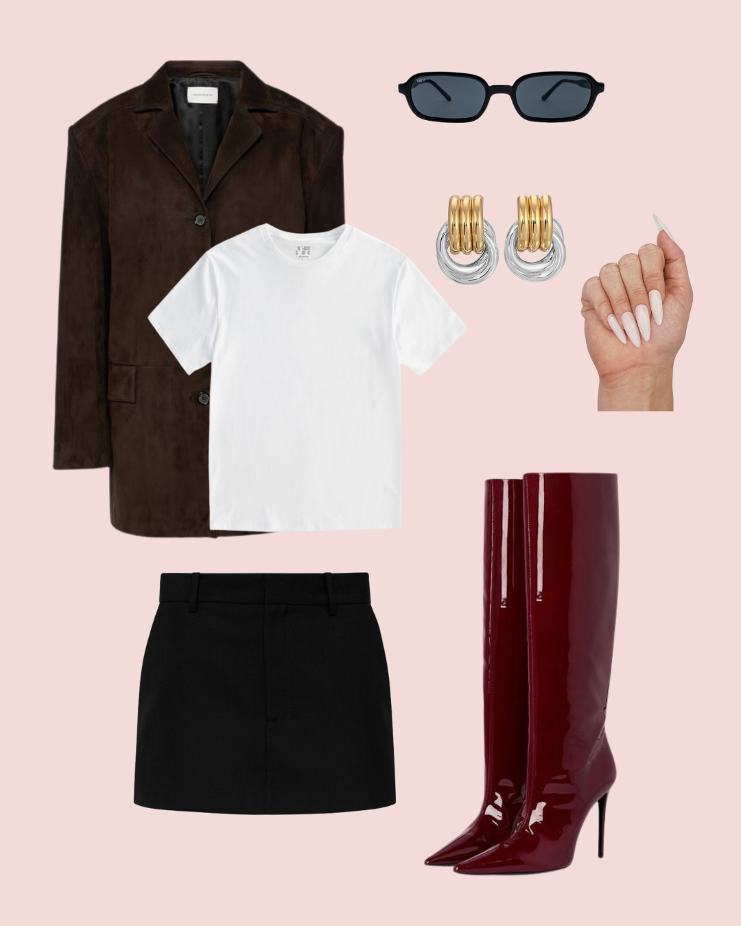 Fashion collage featuring a brown blazer, white t-shirt, black mini skirt, burgundy high-heeled boots, black sunglasses, gold hoop earrings, and manicured hand with white nails on a pink background.