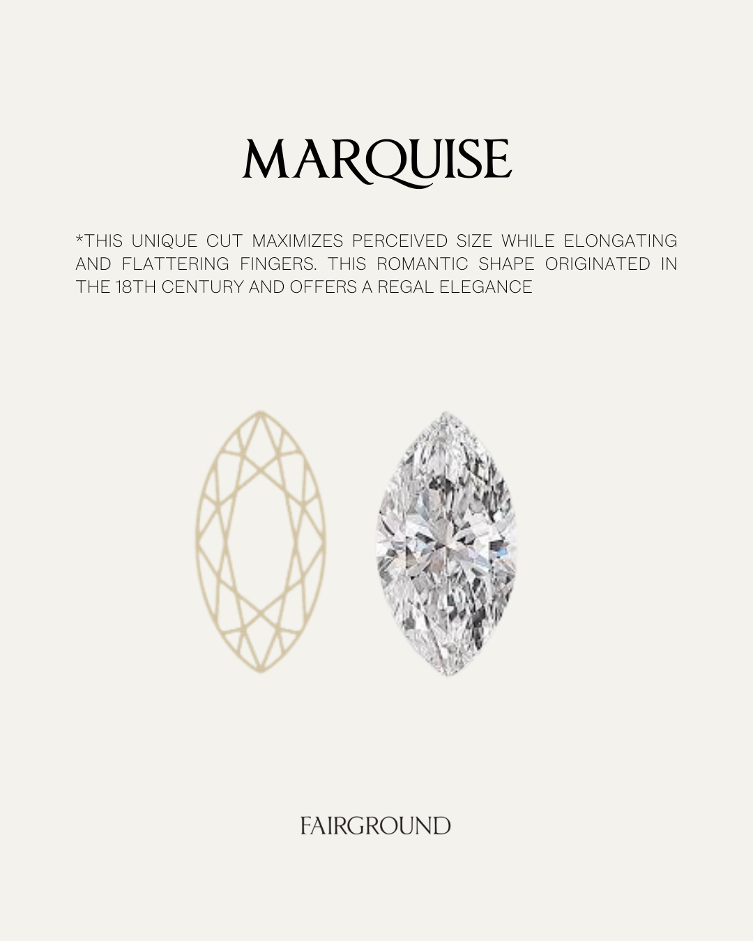 "Marquise diamond cut graphic, showcasing a diamond and its sketch. Includes text describing its unique size and elegance."