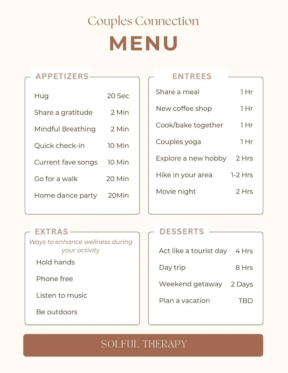 With all the dopamine and self-care menus going around, why not bring the fun into your relationship?! Here are some fun ideas to encourage connection with your partner. 
Have you and your partner made your own connection menu? What's your go-to conn