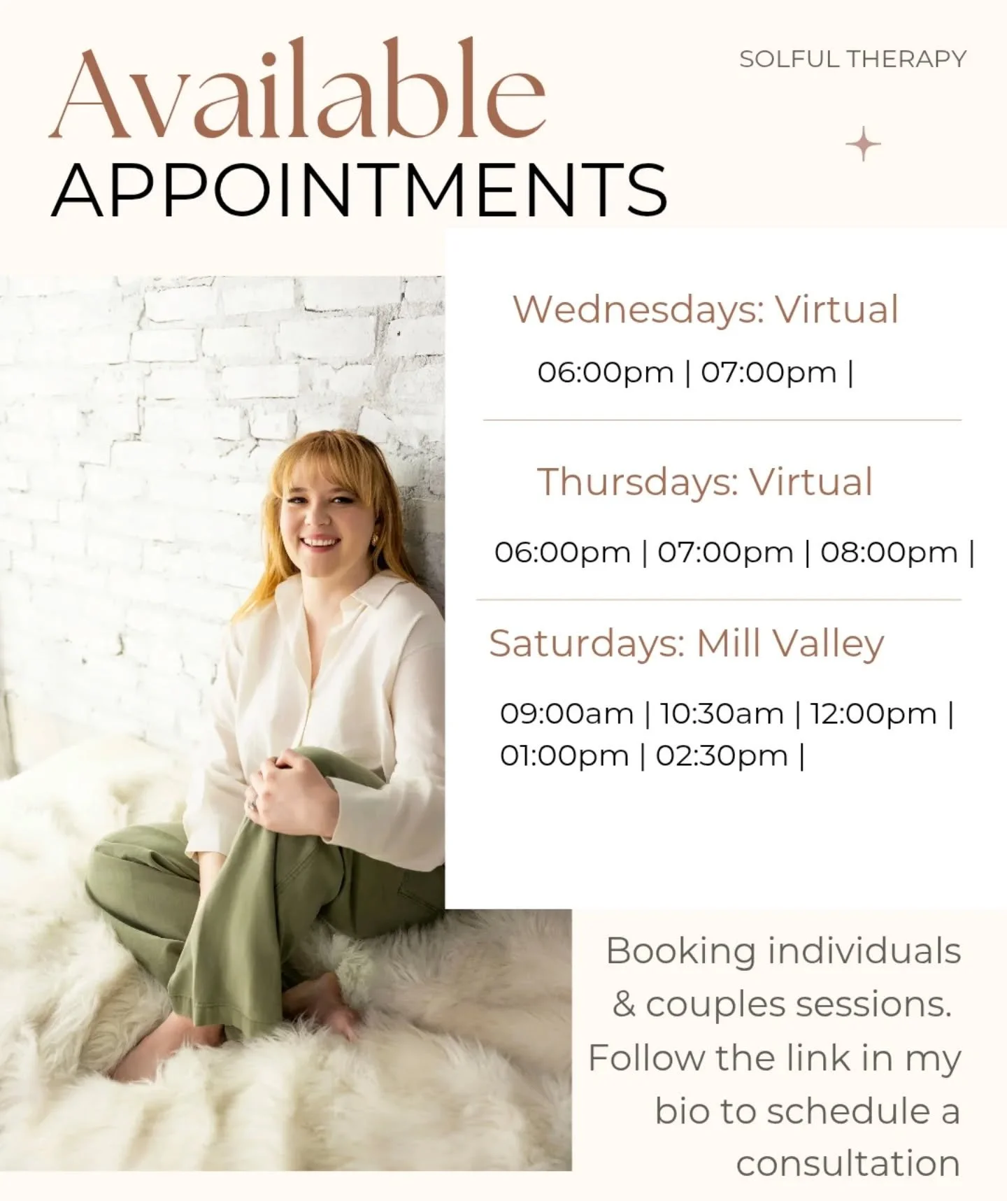 I realize I've been posting here so much more and I haven't even shared my availability! I have a couple of virtual slots on Wednesday &amp; Thursday evenings and am in-person in Mill Valley on Saturdays! 
If you are looking for support with your rel