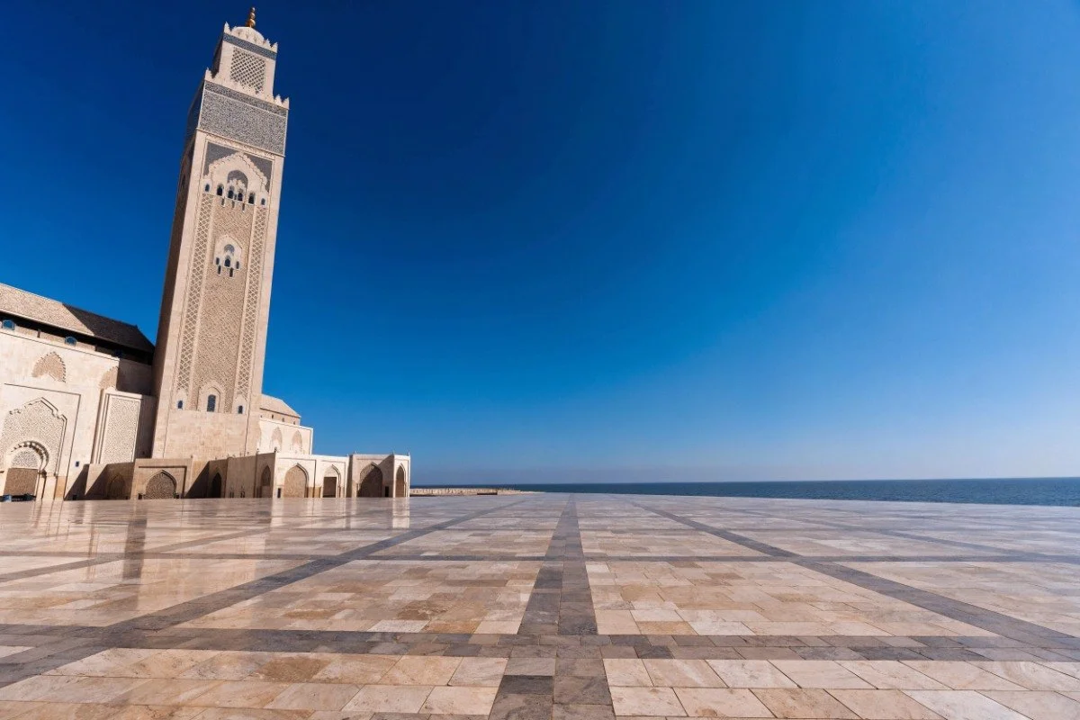 The minaret and seafront plaza of the Hassan II Mosque in Casablanca
