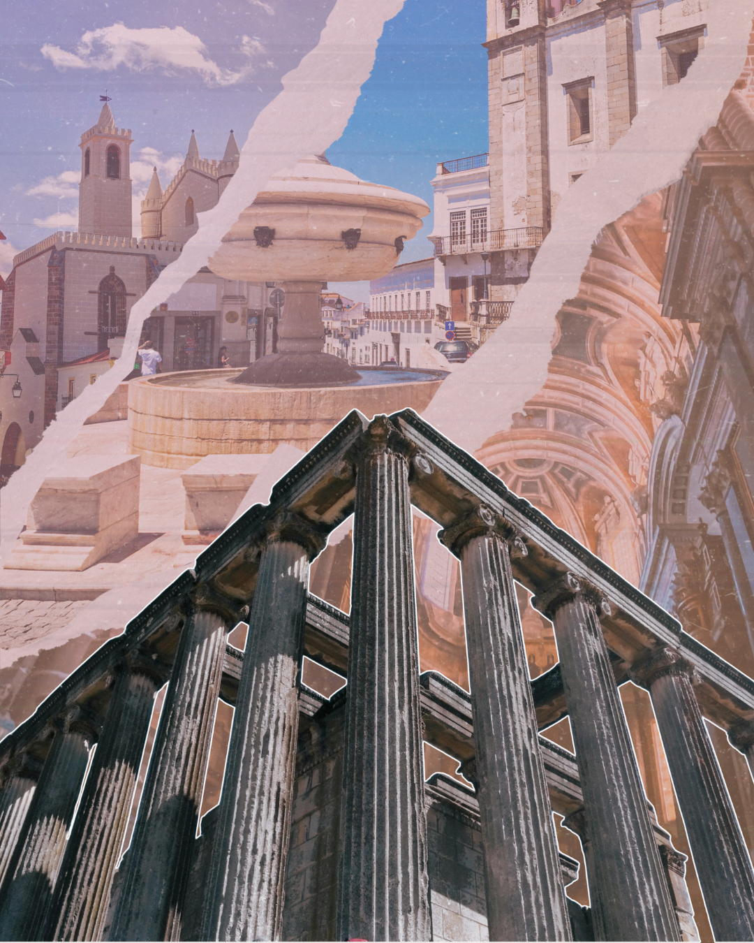 A collage of landmarks within Evora, Portugal