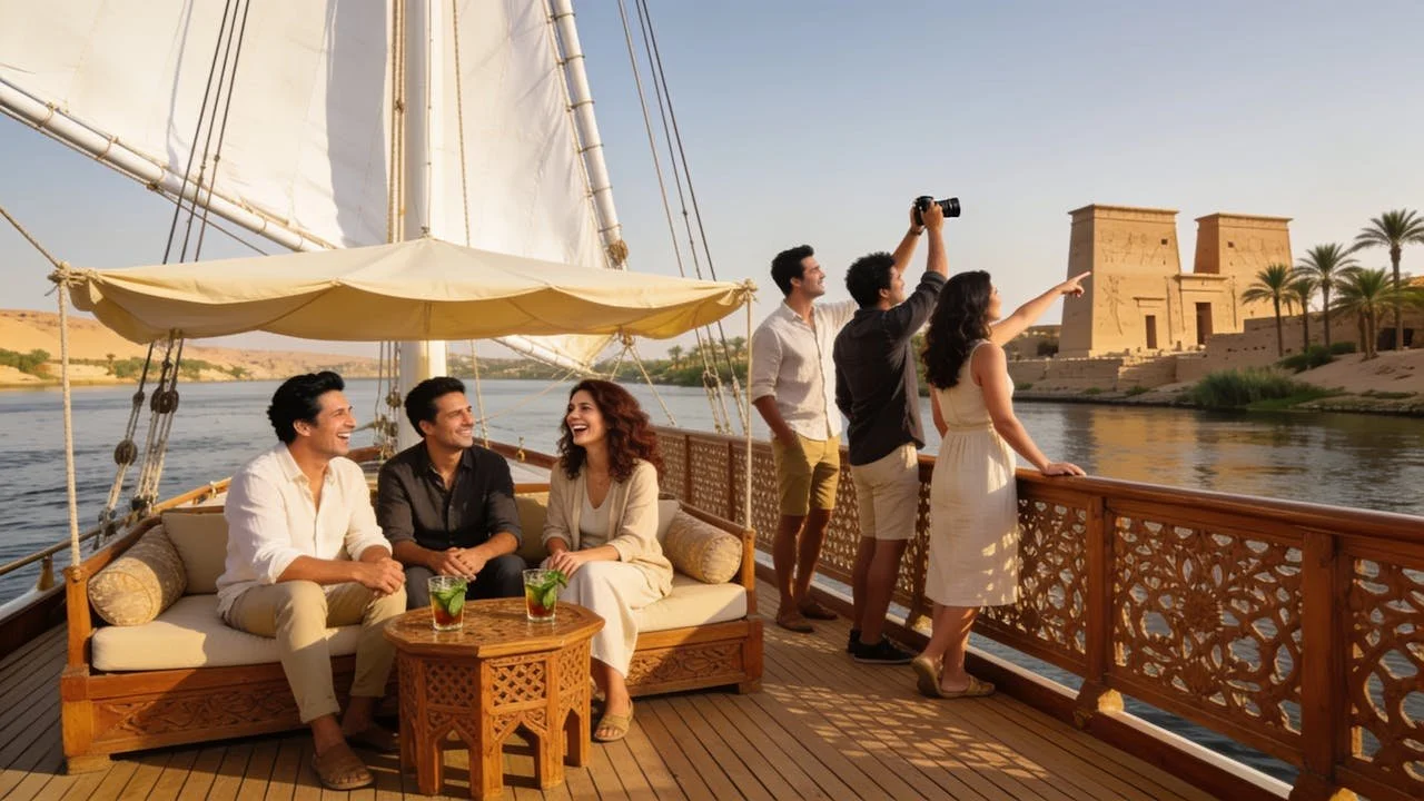 Travelers on the deck of a dahabiya on the Nile — some relaxing with mint tea under the canopy, others at the rail watching a temple go by