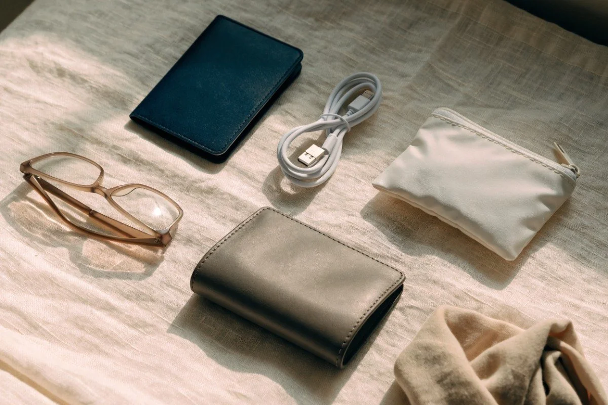 A passport holder, reading glasses, a charging cable and a small pouch laid out on linen
