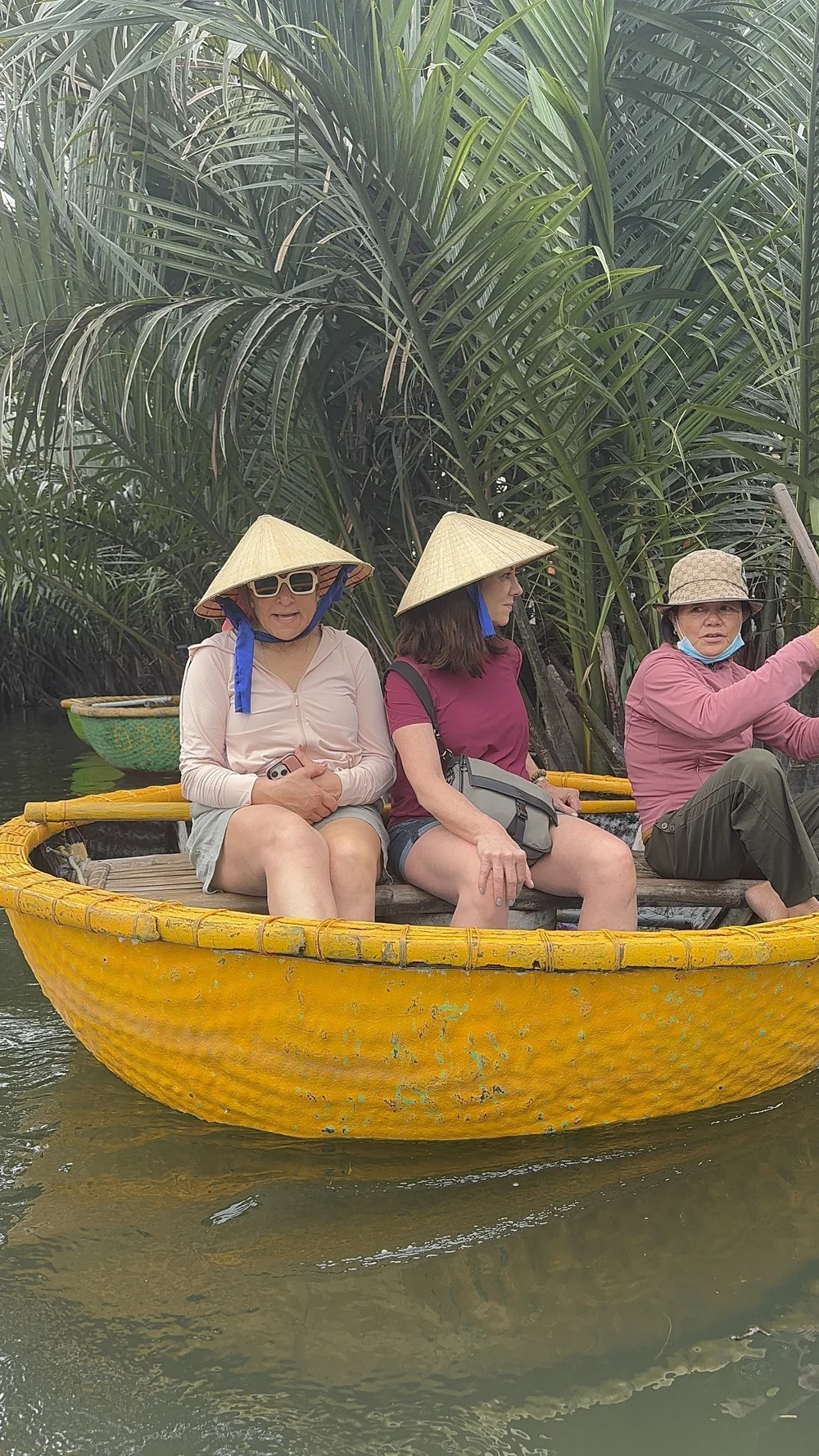 Three travelers in traditional conical hats out in the countryside