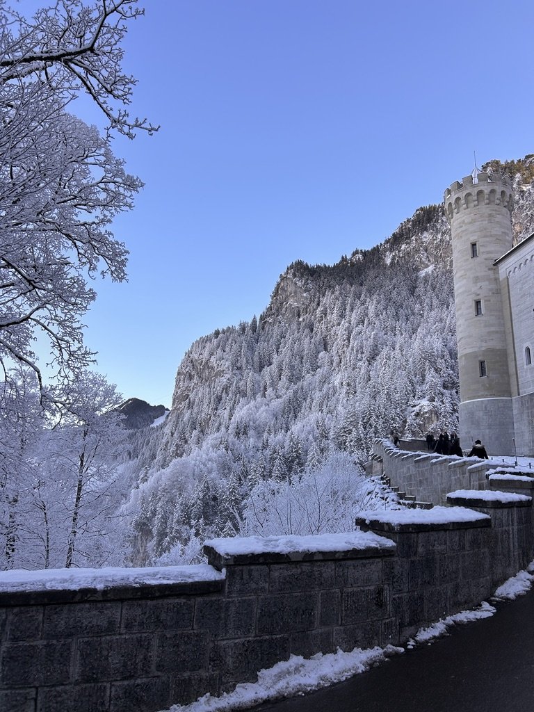 Snow-covered trees and a castle wall in the Bavarian Alps