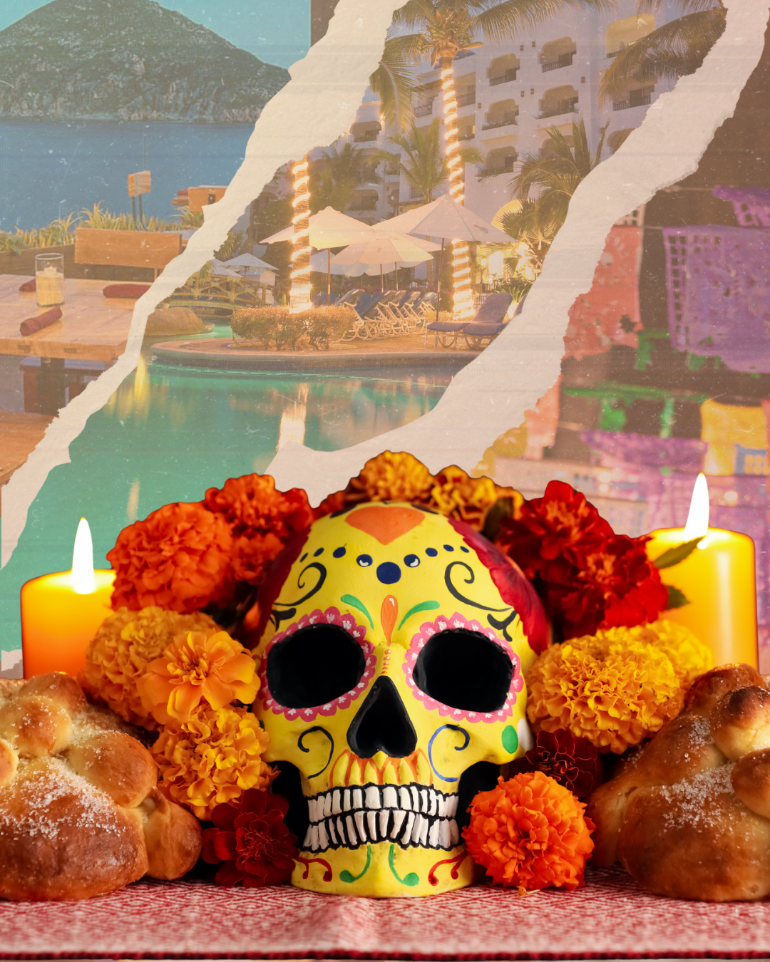 A Día de los Muertos ofrenda with marigolds, candles and a decorated sugar skull