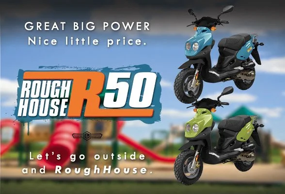 I designed the Genuine Scooters RoughHouse R50 badging, colors, and promotional collateral