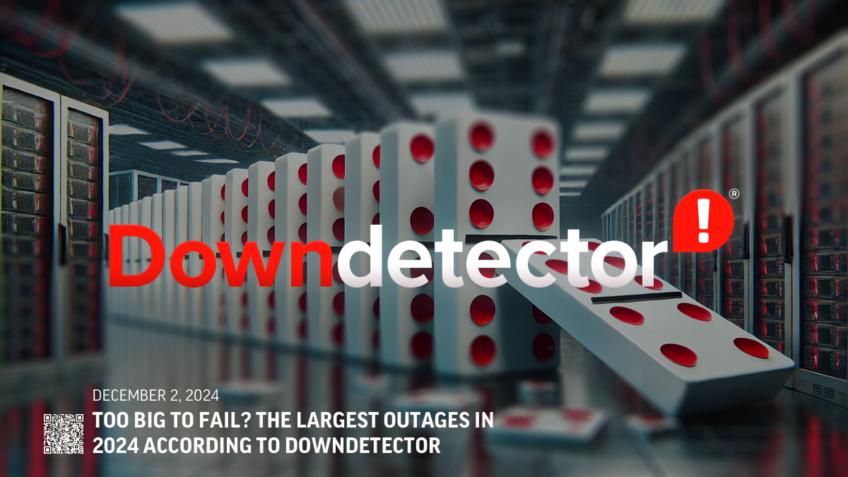 Editorial illustration of server room with server sized dominos tipping over, a header reads "too big to fail? the largest outages in 2024 according to downdetector"