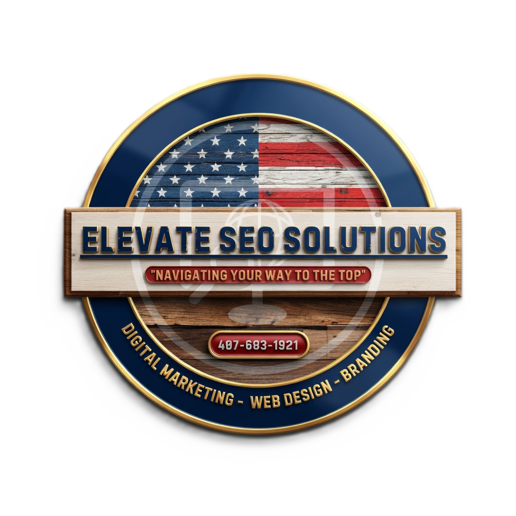 Logo for Elevate SEO Solutions with American flag background, wooden elements, and a gold and blue circular border. Includes contact number, and services listed: digital marketing, web design, and branding.