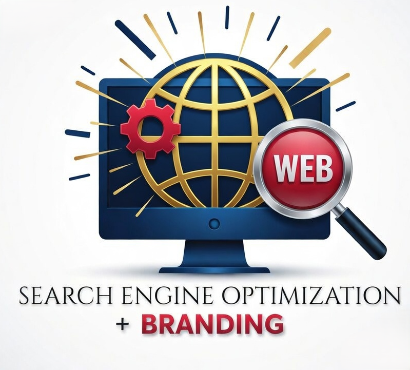 A computer monitor displaying a globe and gear, with a magnifying glass labeled WEB, and text reading 'Search Engine Optimization + Branding'.