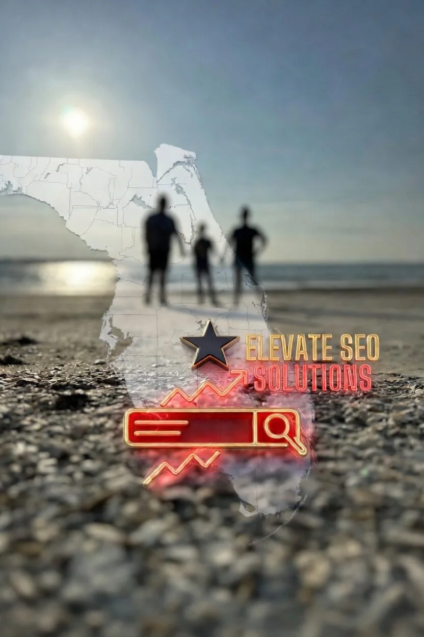 Silhouettes of a family walking on a beach with a blurred map of the United States and a sun in the sky in the background. Overlay of neon-style text and graphics including a star, arrows, and a magnifying glass with a search bar, promoting SEO solutions.