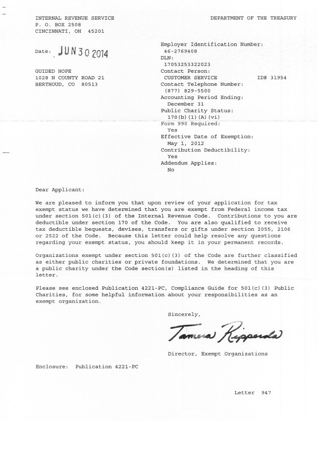 IRS letter granting tax-exempt status to Guided Hope under section 501(c)(3), dated June 30, 2014.