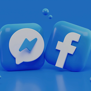 Facebook and Messenger icons represented as blue cubes with white logos, floating against a blue background.