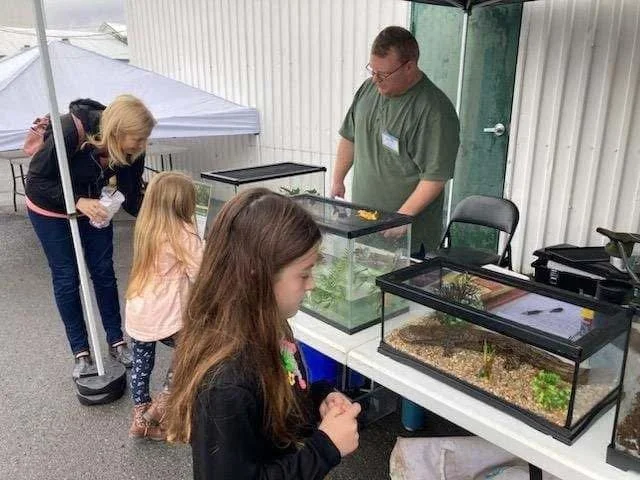 A man and two young girls at an outdoor reptile exhibit with two terrariums containing reptiles and a small animal enclosure.