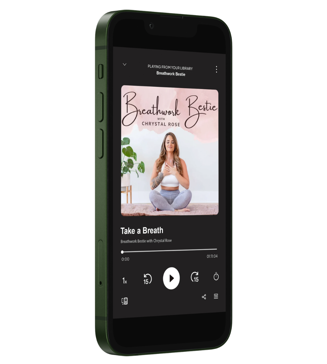 Smartphone displaying a meditation or wellness podcast titled "Breathwork Bestie with Chrystal Rose," featuring a woman sitting cross-legged in a yoga pose with her eyes closed, indoors with a potted plant in the background.