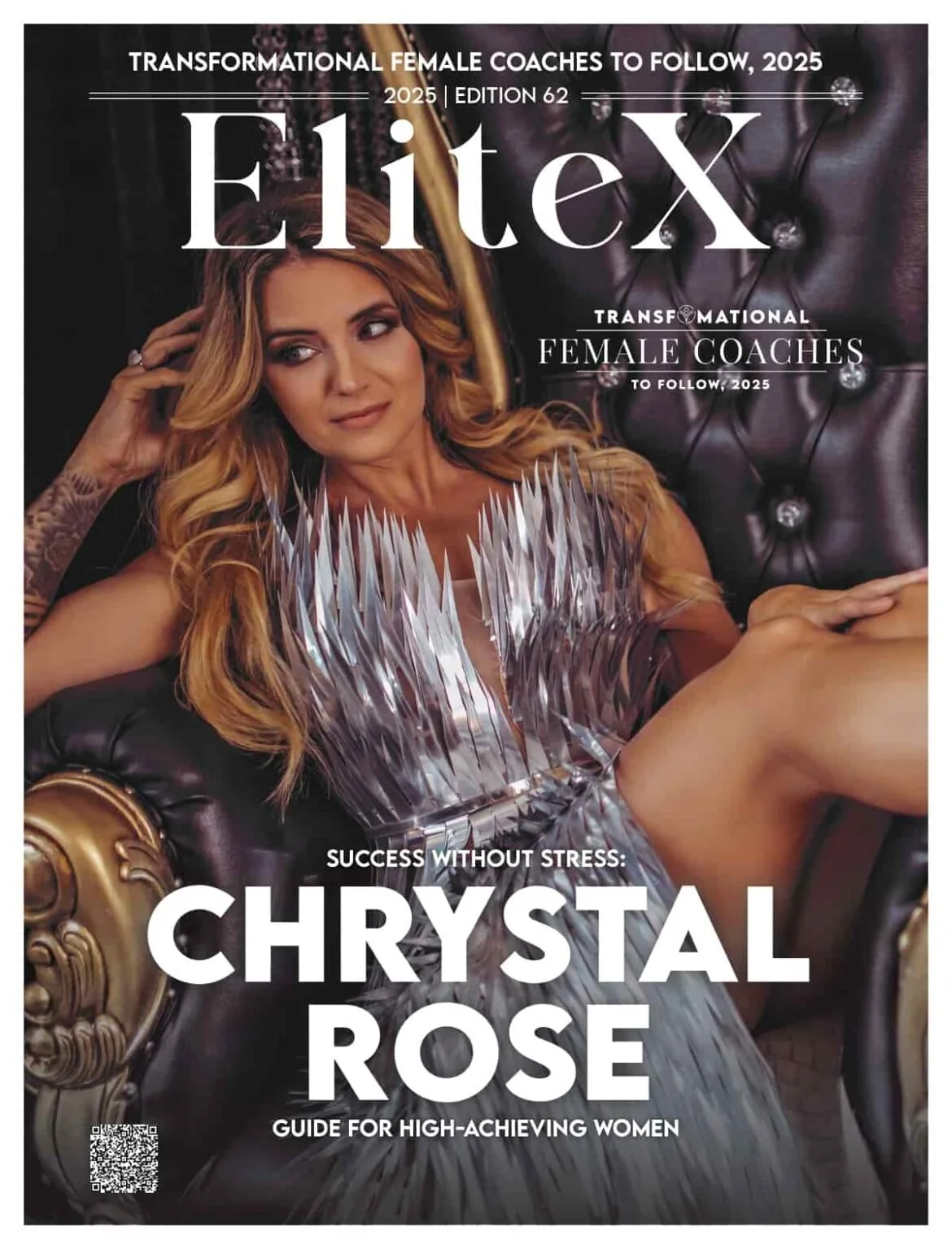 The cover of a magazine titled 'Elex' featuring a woman with long red hair lounging on a luxurious black and gold couch, wearing a shiny, metallic dress. The cover headline reads 'Success Without Stress: Chrystal Rose - Guide for High-Achieving Women'.