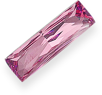 A pink, elongated, rectangular gemstone with faceted cuts, casting a shadow on a black background.