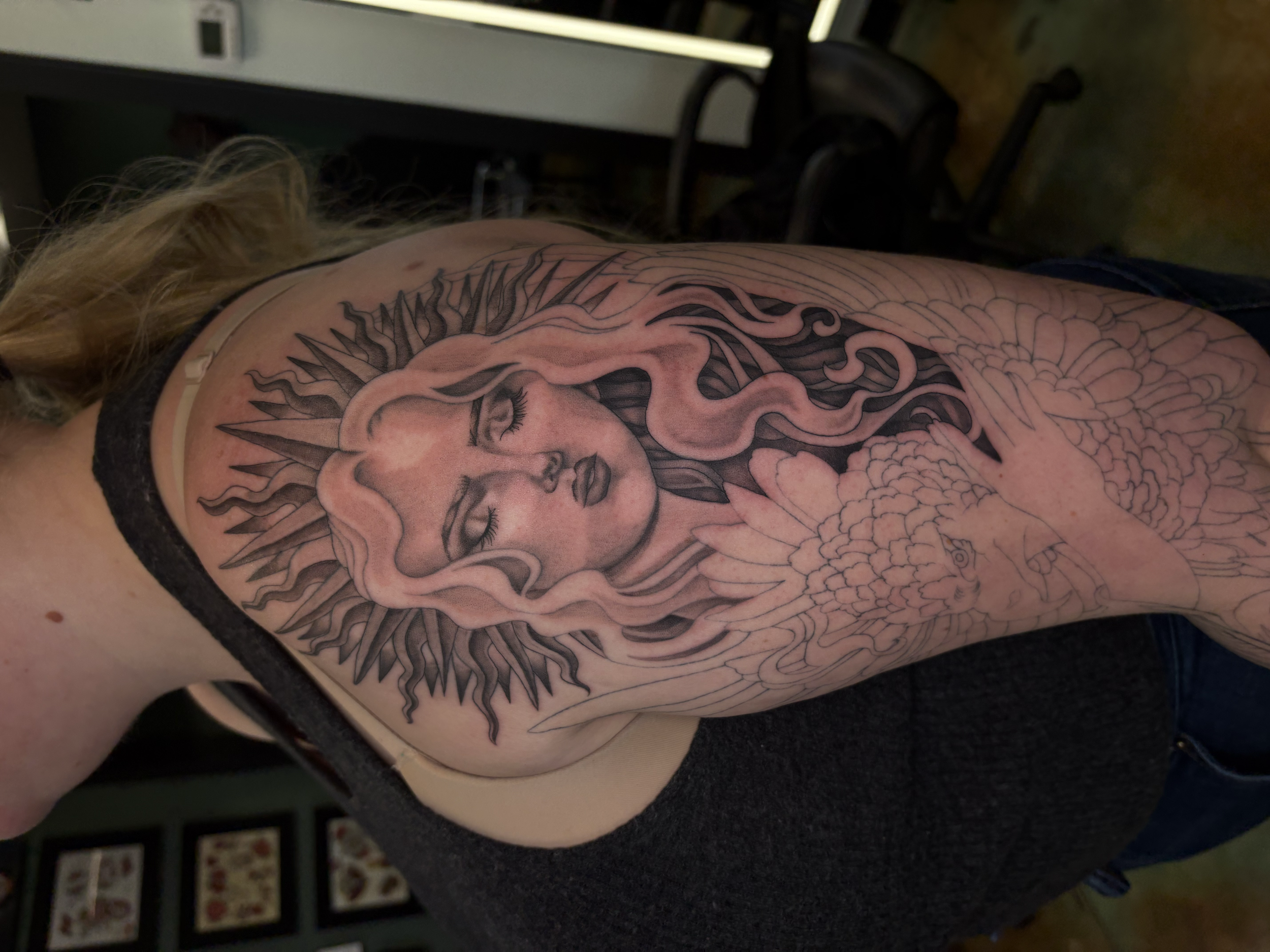 Black and gray goddess tattoo sleeve in progress by Amex Vivian