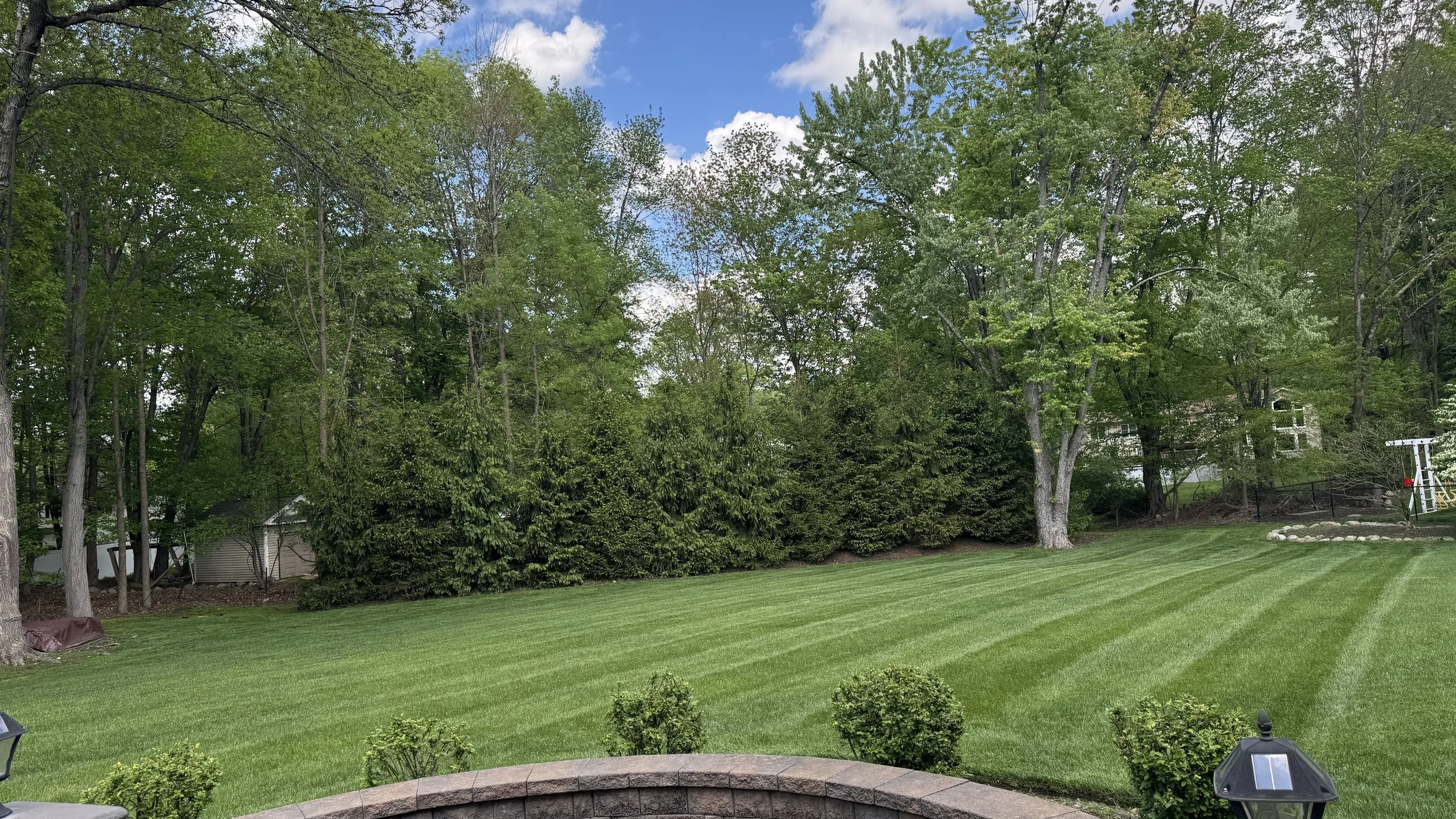 A lush, well-maintained backyard with a green lawn, bordered by trees and shrubs. There are small bushes in the foreground and a stone border at the bottom edge of the image. The sky is partly cloudy with blue sky and white clouds visible.