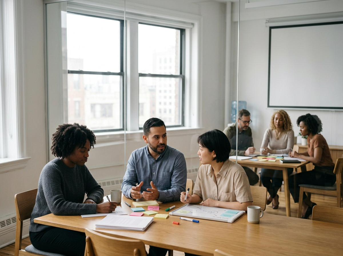 Professionals working together during an onsite development session