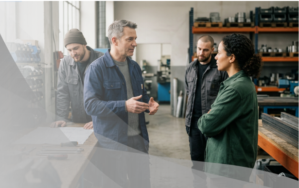 Manager speaking with employees in a workplace setting