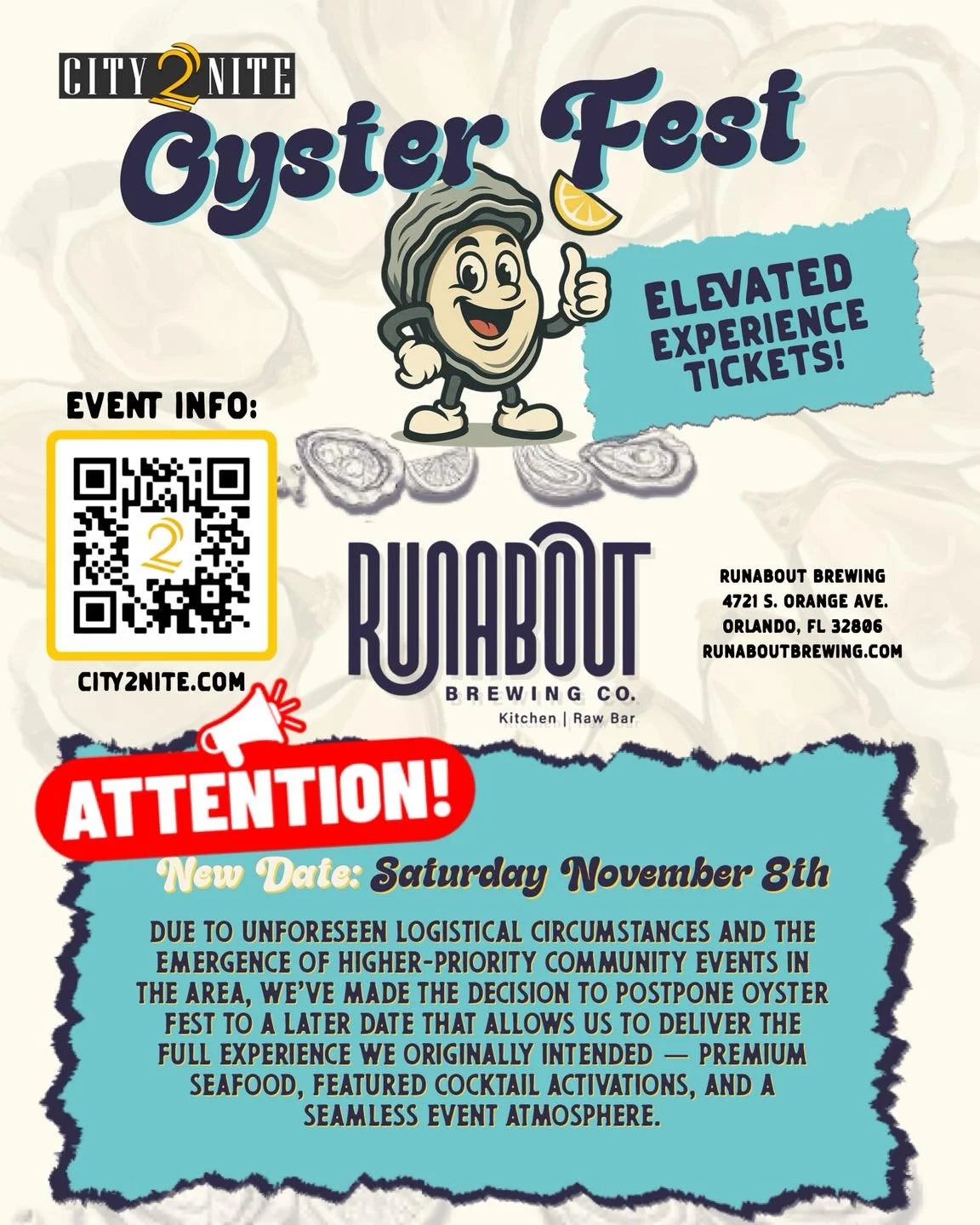 🎉 OYSTER FEST AT RUNABOUT BREWING &ndash; 🚨 NEW DATE ANNOUNCED! 🦪

📅 New Date: Saturday, November 8th, 2025
⸻

🚨 Event Rescheduled &ndash; Here&rsquo;s Why:
In light of some unforeseen logistical challenges and the presence of other major commun