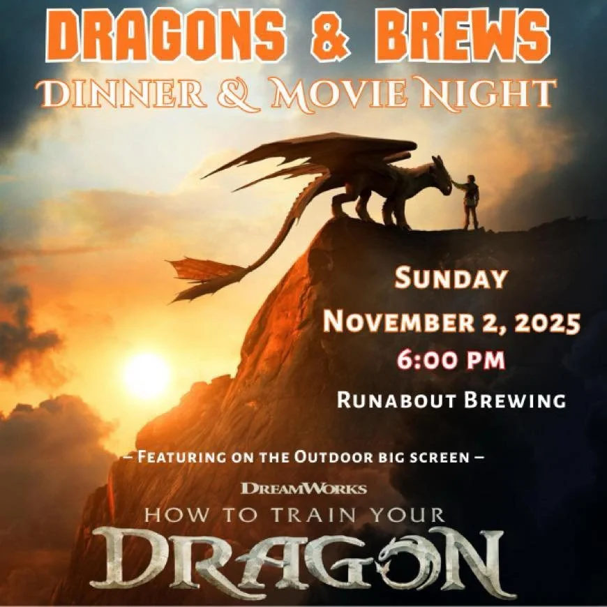 Reminder ~ TONIGHT!
🔥🐉 Dragons &amp; Brews: Dinner &amp; A Movie Night! 🐉🔥
‼️ November 2nd | 6 PM
📍 Runabout Brewing &ndash; 4721 S Orange Ave, Orlando
Calling all dragon riders, beer lovers, and movie fans!
Join us under the stars for a night o