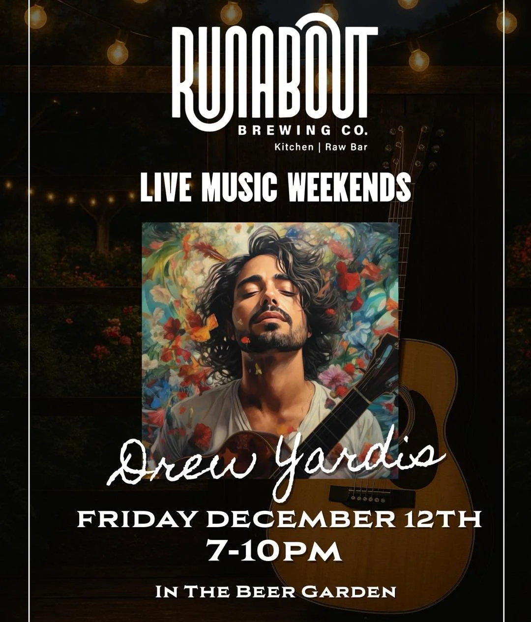 Live music weekends kick off with the talented Drew Yardis this Friday night!  Come on by for dinner and stick around for the great music! #LiveMusic #OrlandoLiveMusic #RunaboutBrewing
